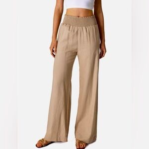 Love Tree Womens Khaki Smocked Waist Wide-Leg Linen Blend Palazzo Pants